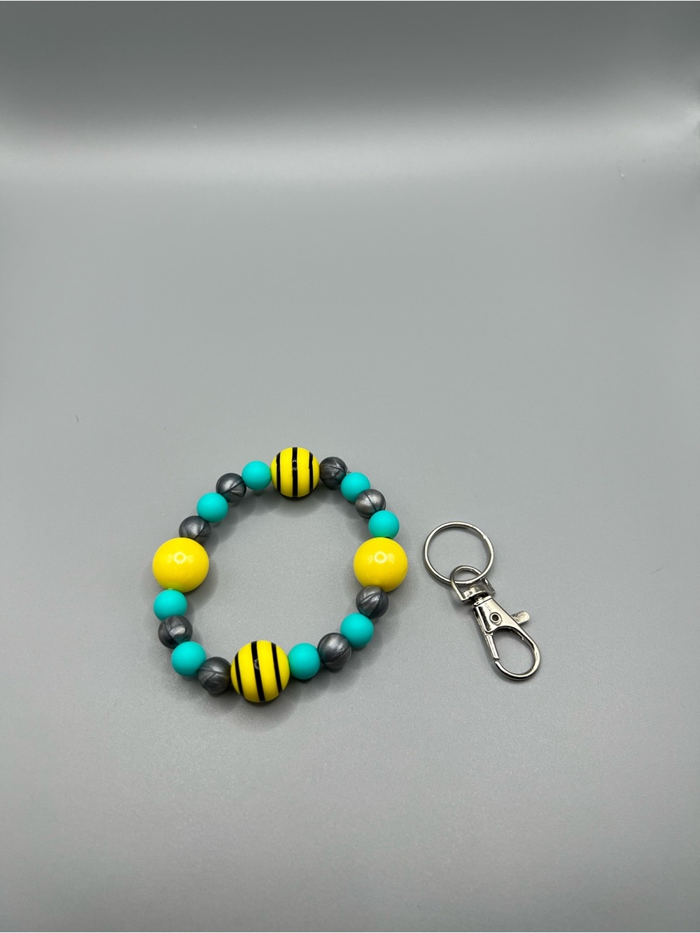 Beaded Bee-Inspired Bracelet Keychain - Yellow, Teal, Gray - Handmade - K0009C